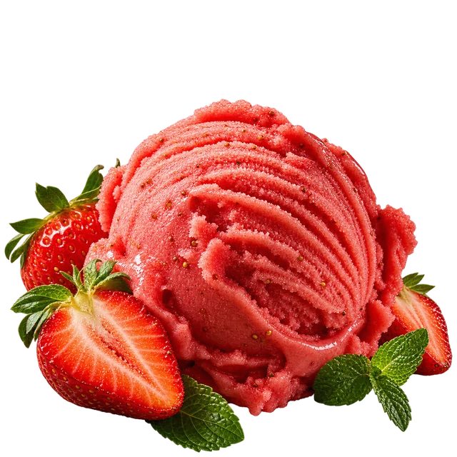 Kopček jahodového sorbetu s čerstvými jahodami